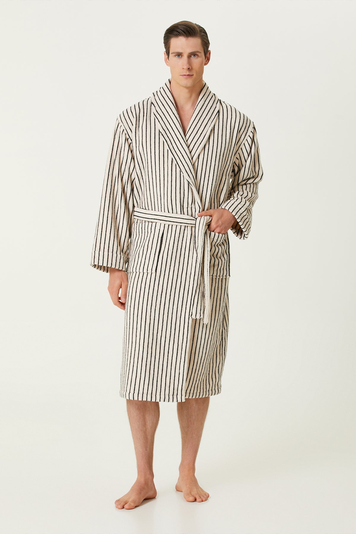 Irya-In Lines İpliği Boyalı Erkek Bornoz Ekru-Bornoz-1-Milagron.com