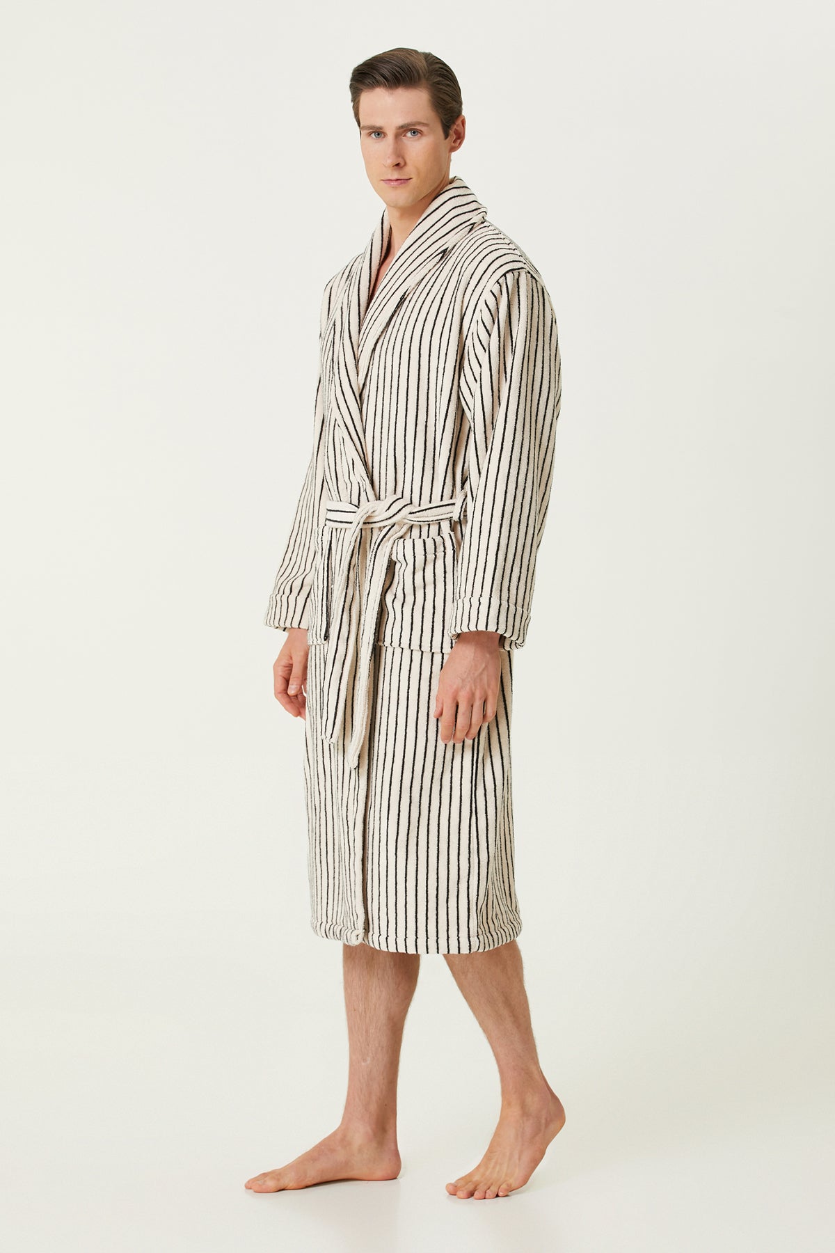 Irya-In Lines İpliği Boyalı Erkek Bornoz Ekru-Bornoz-8-Milagron.com