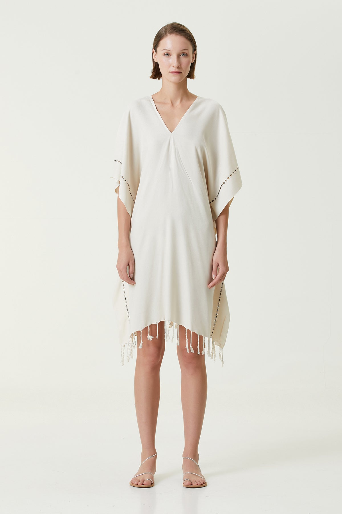 Irya-Layla V Yaka Elbise Bej-Elbise-3-Milagron.com