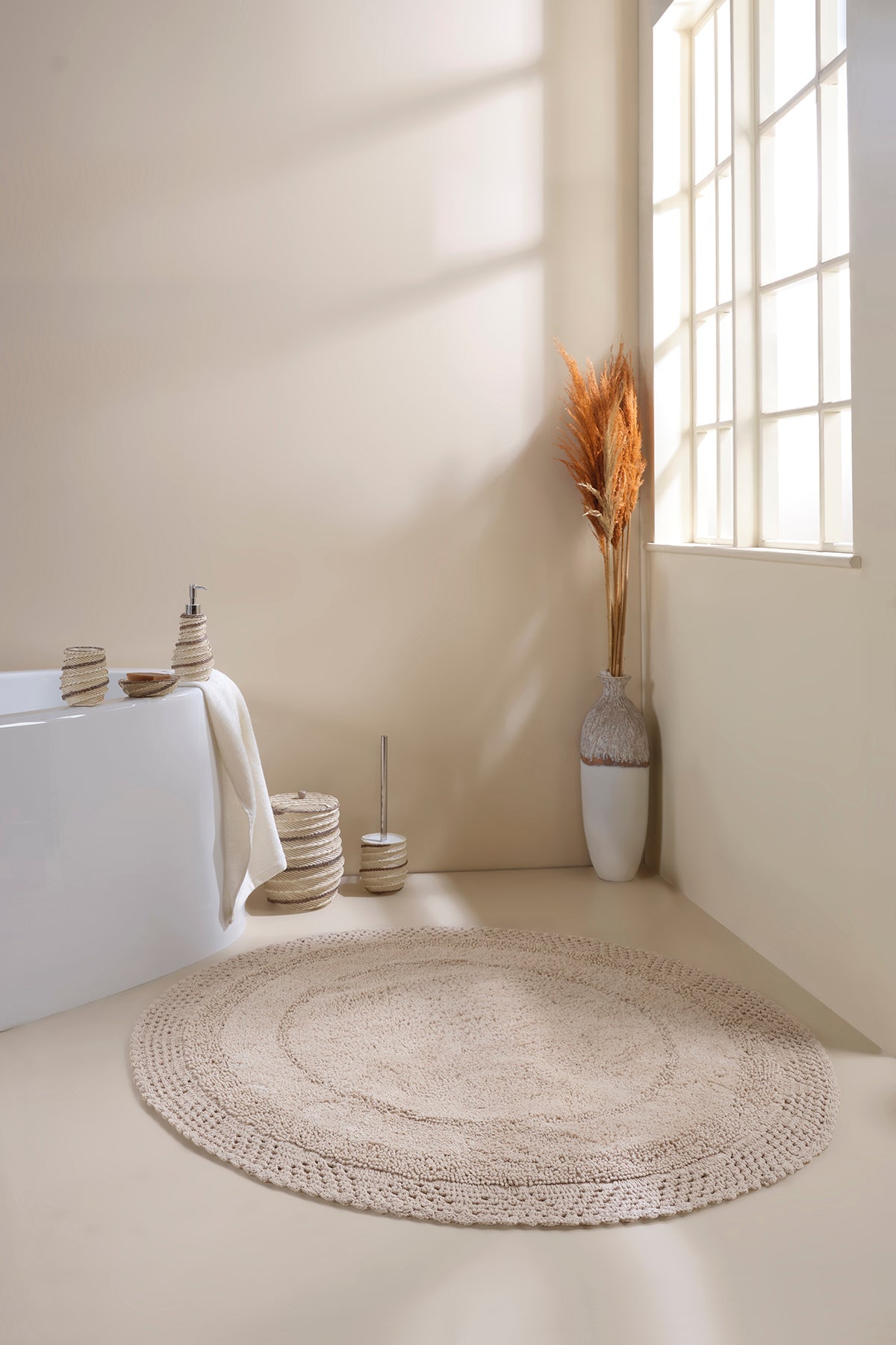 Irya-Moon Yuvarlak Banyo Paspası %100 Pamuk 120x120 Bej-Paspas-5-Milagron.com