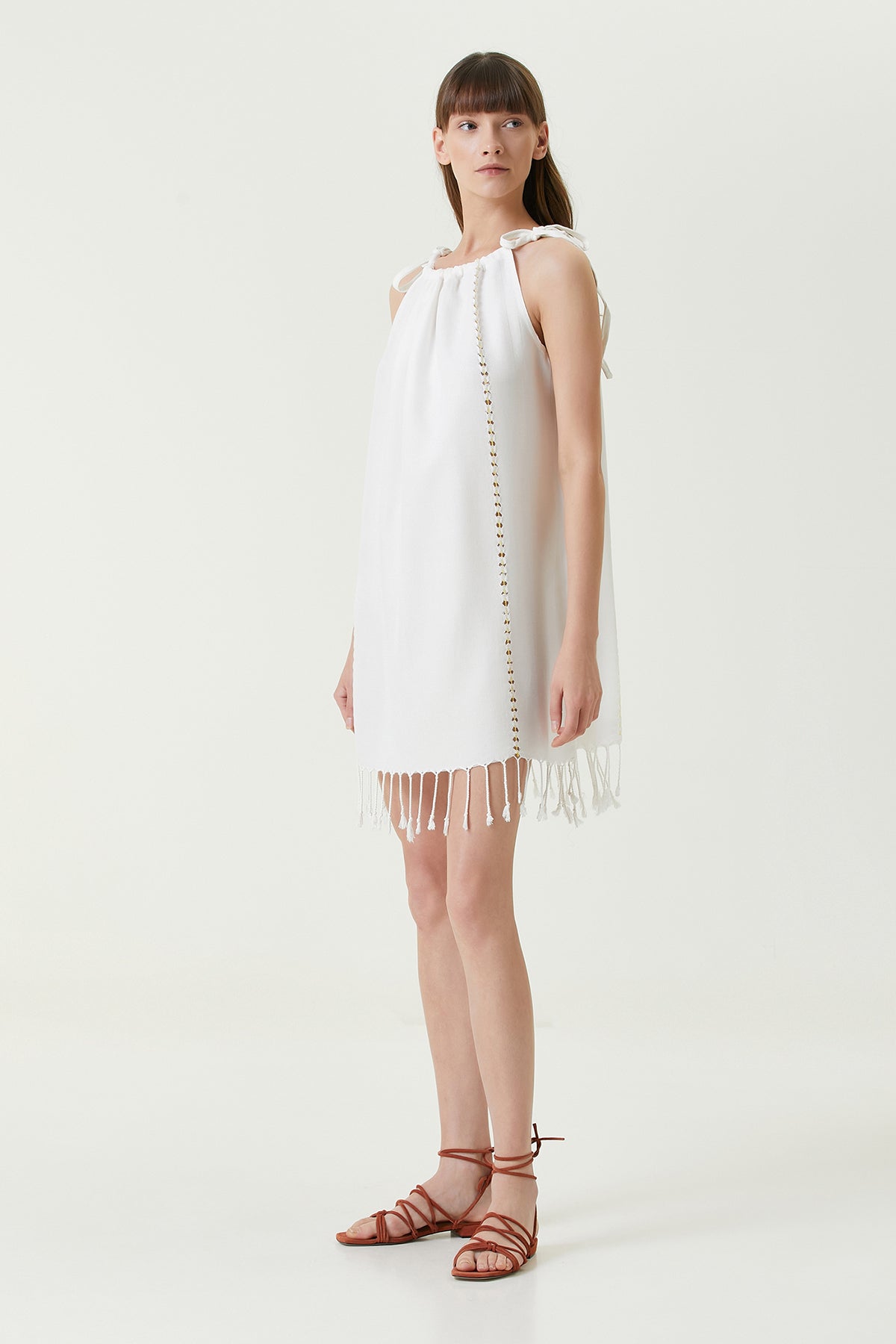 Irya-Serene Büzgülü Plaj Elbisesi Sarı Örgü Ajur-Elbise-4-Milagron.com