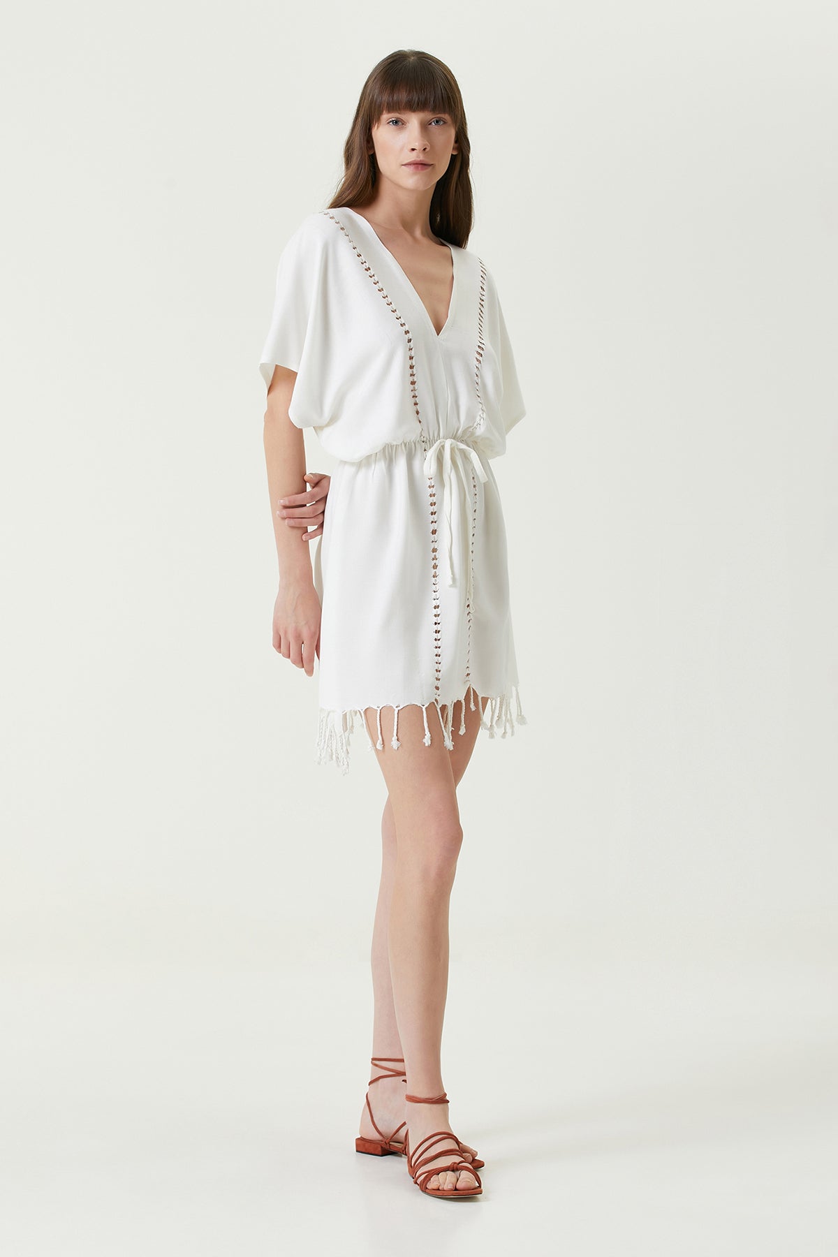 Irya-Serene Kısa Plaj Elbisesi Kahve Örgü Ajur-Elbise-4-Milagron.com