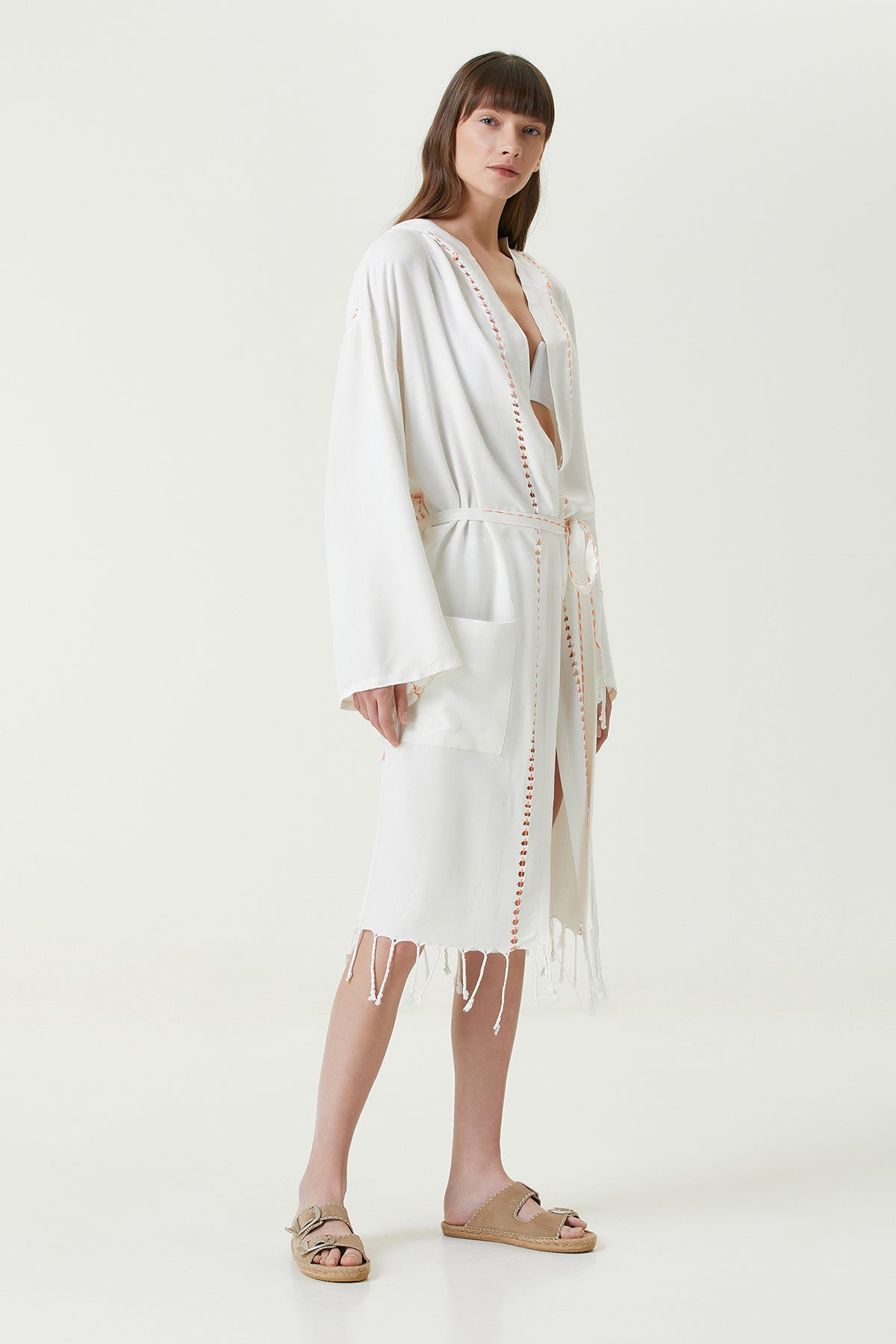 Irya-Serene Peştamal Kadın Bornoz Turuncu Örgü Ajur-Elbise-4-Milagron.com