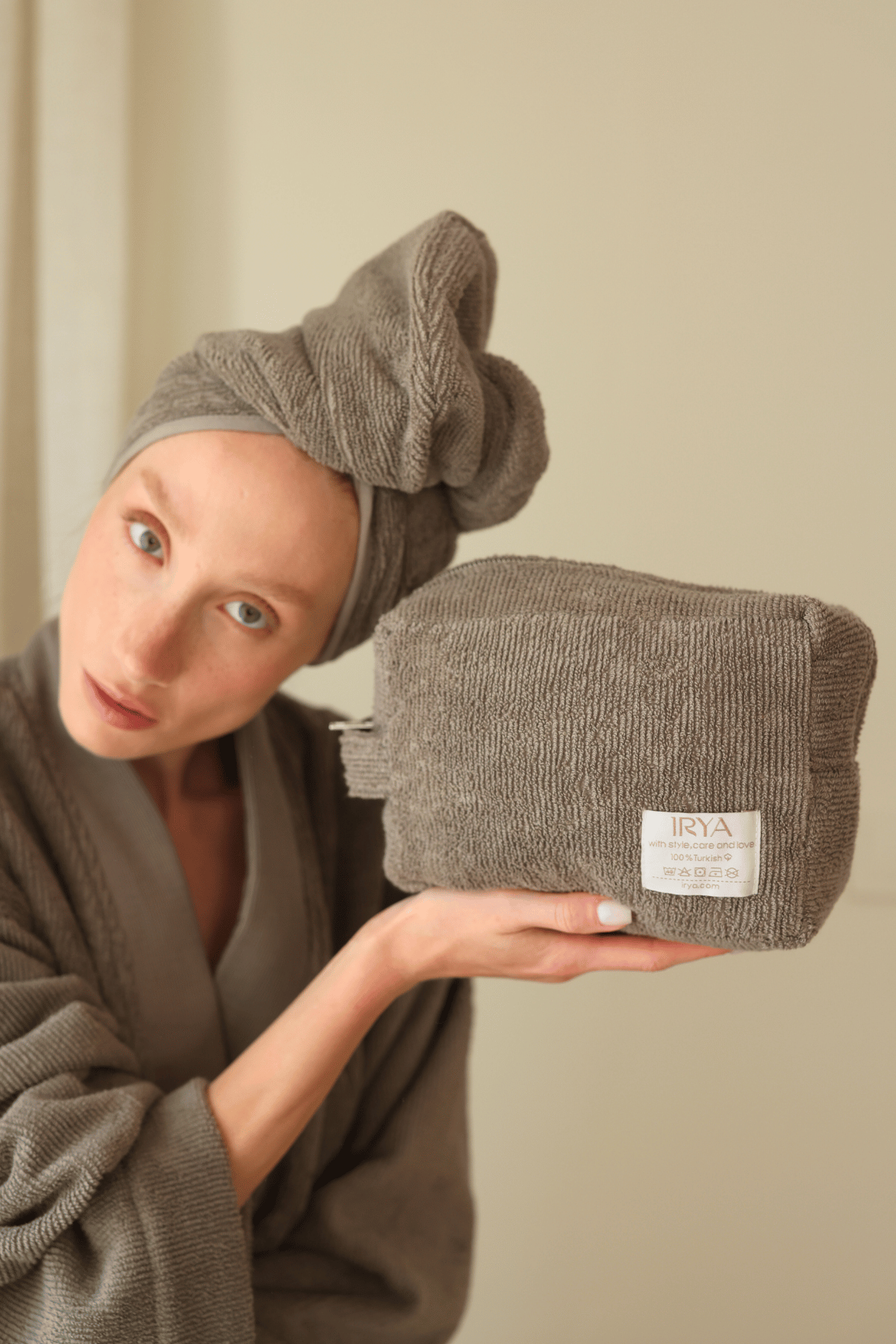 İRYA-Solena %100 Pamuk Havlu Bakım çantası Gri-Makyaj Çantası-3-Milagron.com