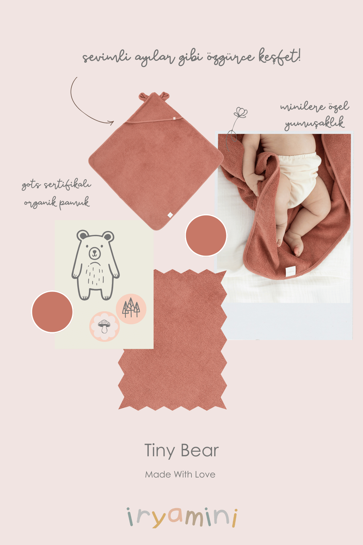Irya-Tiny Bear Organik Pamuk Bebek Kundak Kiremit 75x75-Havlu & Peştamal-4-Milagron.com