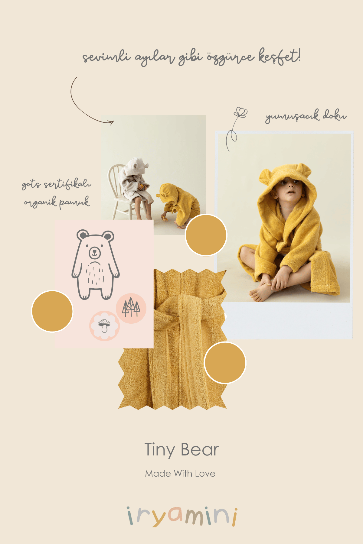 Irya-Tiny Bear Organik Pamuk Çocuk Bornoz Hardal-Bornoz-6-Milagron.com