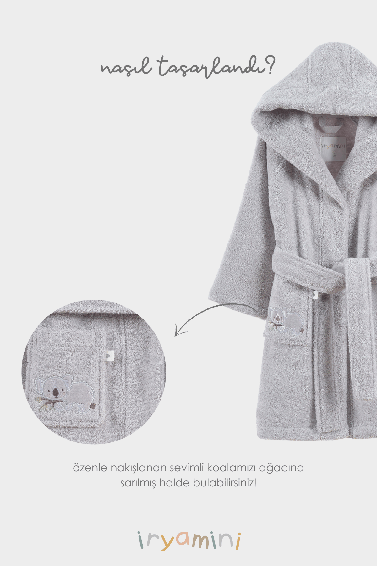 Irya-Tiny Koala Organik Pamuk Nakışlı Çocuk Bornoz Gri-Bornoz-4-Milagron.com
