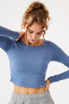 Jerf-Aura Uzun Kol Büzgülü Tshirt Mavi-T-shirt-1-Milagron.com