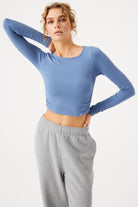 Jerf-Aura Uzun Kol Büzgülü Tshirt Mavi-T-shirt-3-Milagron.com