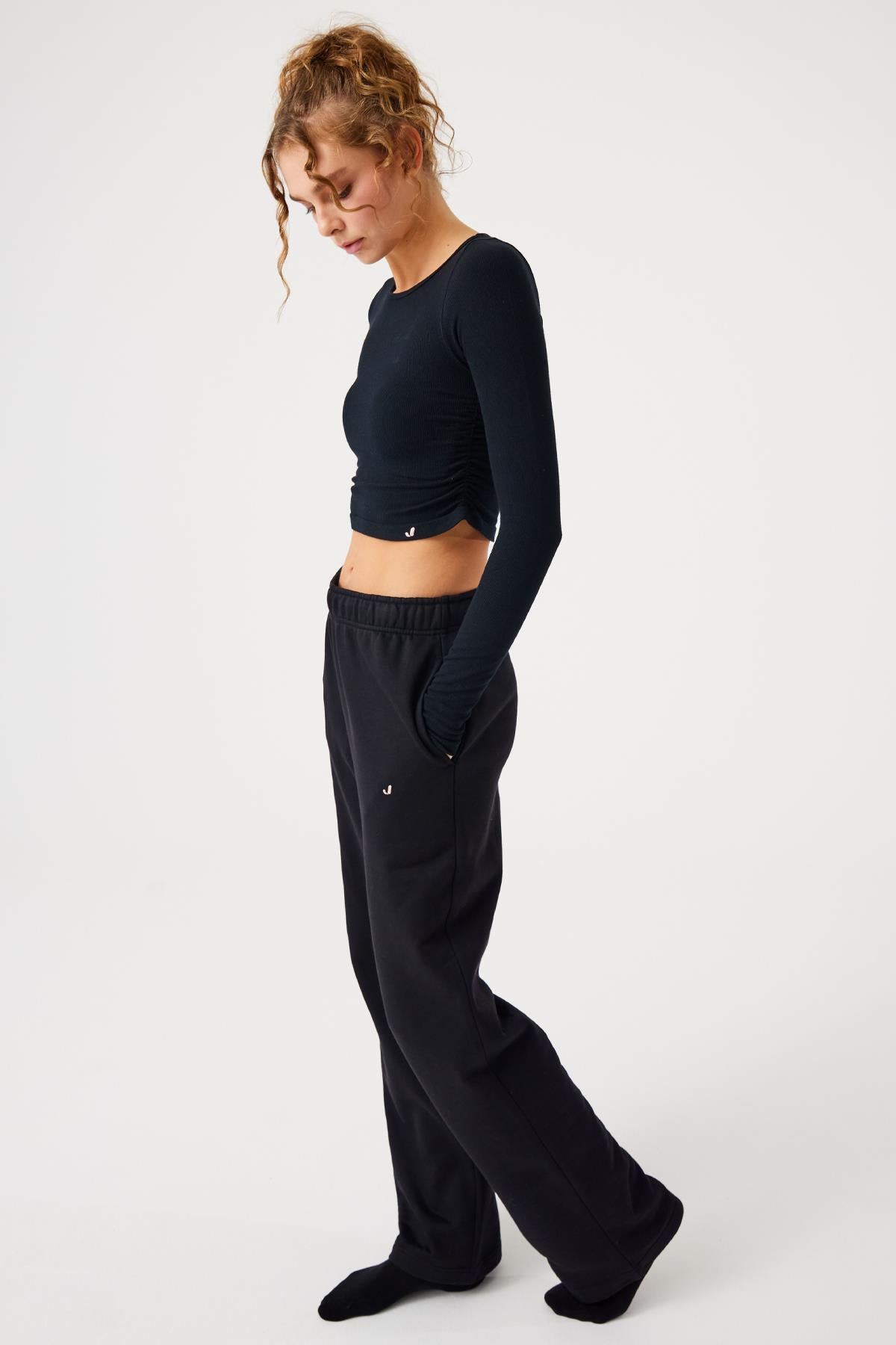 Jerf-Aura Uzun Kol Büzgülü Tshirt Siyah-T-shirt-4-Milagron.com