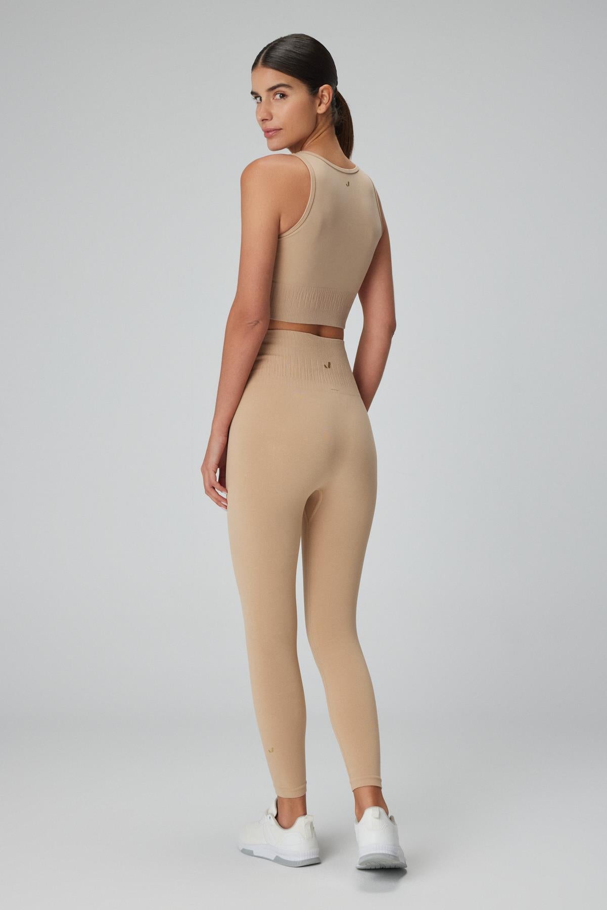 Jerf-Luz Kemeri Rip Detaylı Yüksek Bel, Sıkılaştırıcı Tayt Bej-Tayt-4-Milagron.com