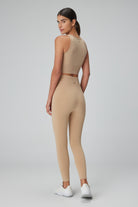 Jerf-Luz Kemeri Rip Detaylı Yüksek Bel, Sıkılaştırıcı Tayt Bej-Tayt-4-Milagron.com