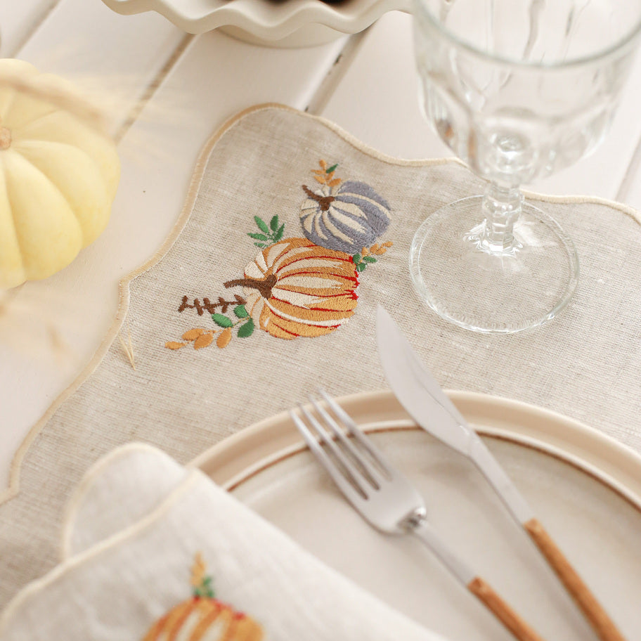 KM Home Collection-2'li Set Balkabağı İşlemeli Keten Peçete-Peçete-2-Milagron.com