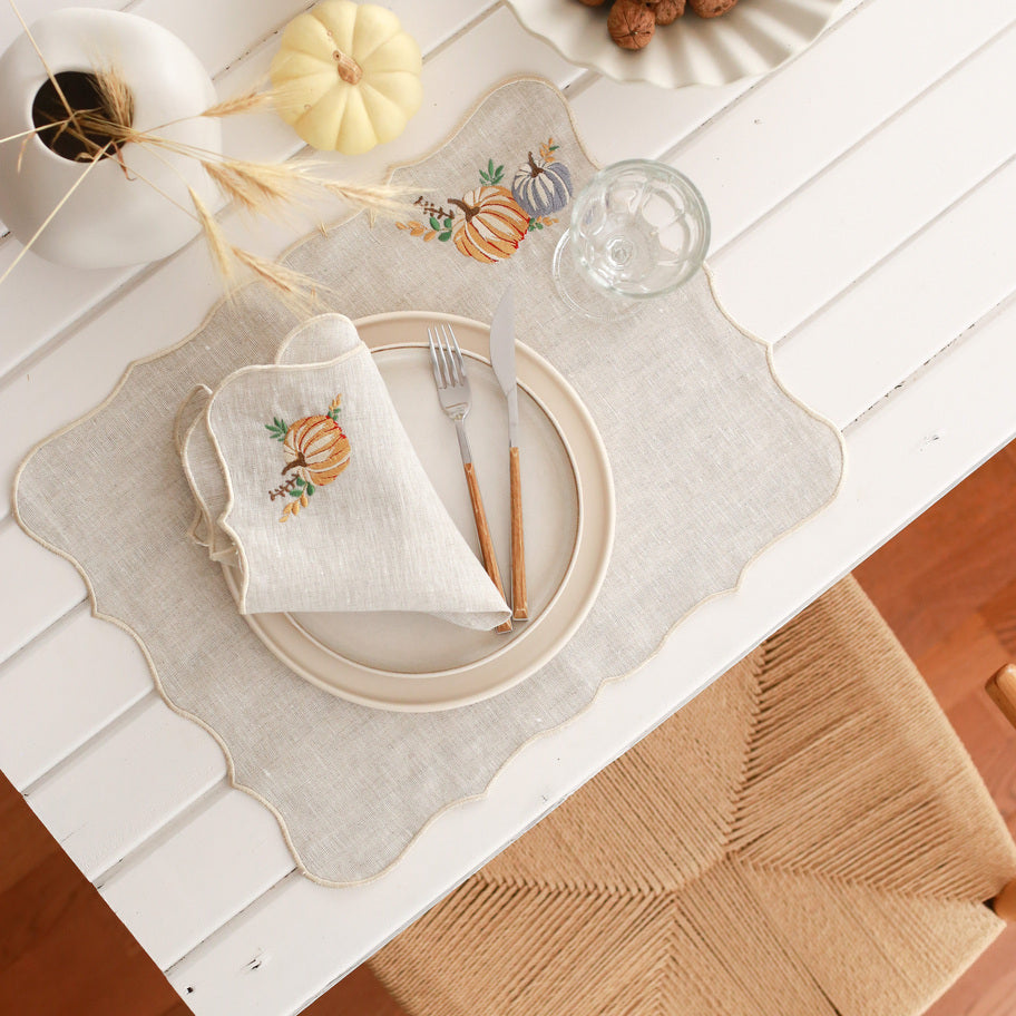 KM Home Collection-2'li Set Balkabağı İşlemeli Keten Peçete-Peçete-5-Milagron.com