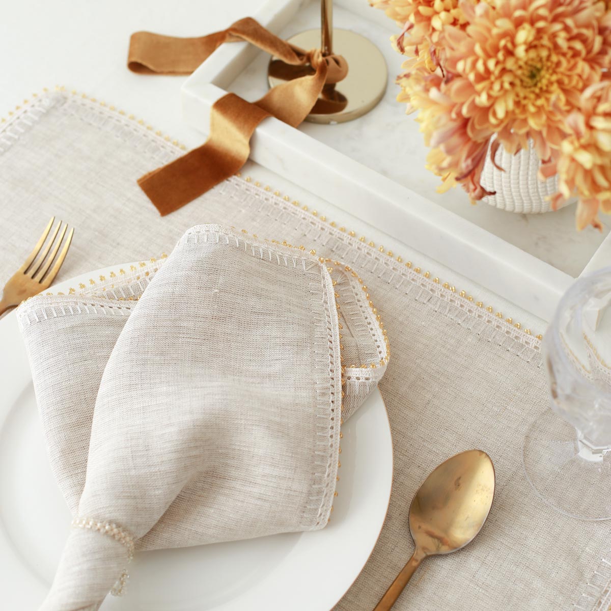 KM Home Collection-2'li Set Boncuk İşlemeli Keten Peçete-Peçete-1-Milagron.com