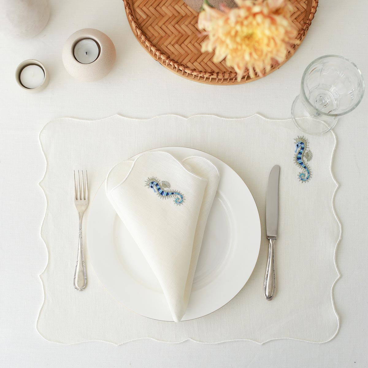 KM Home Collection-2'li Set Deniz Atı İşlemeli Keten Peçete-Peçete-2-Milagron.com