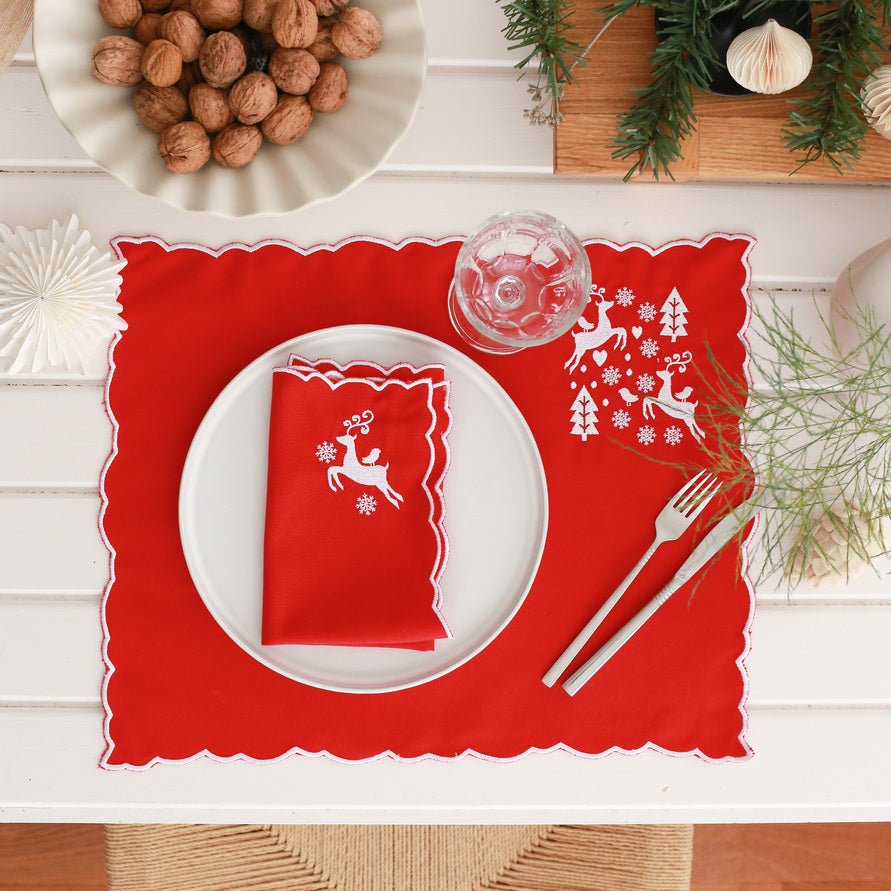 KM Home Collection-2'li Set Geyik İşlemeli Pamuk Amerikan Servis-Sunum Aksesuarları-1-Milagron.com