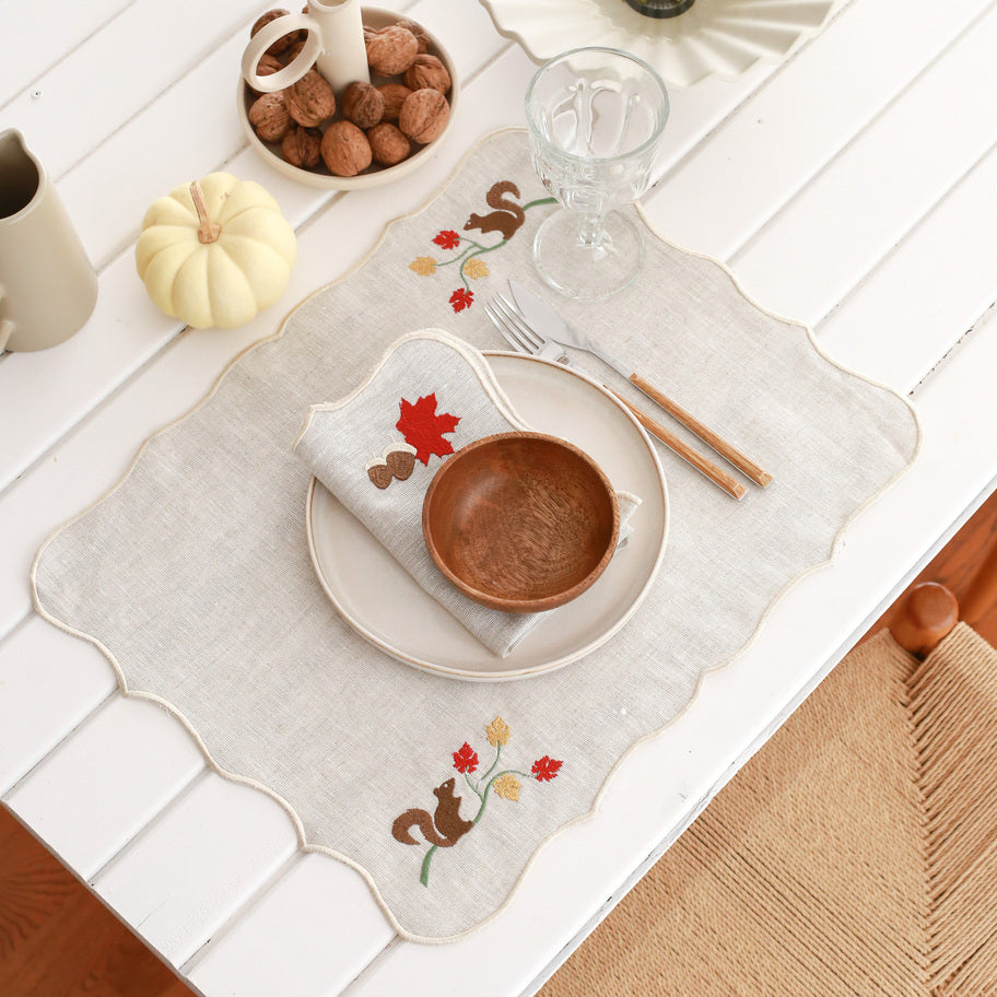 KM Home Collection-2'li Set Sincap İşlemeli Keten Amerikan Servis-Sunum Aksesuarları-4-Milagron.com