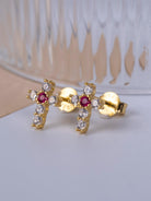 Kimolos-Mini Pink 925 Ayar Gümüş Gold Renk Pembe Zirkon Taşlı Haç Küpe-Küpe-3-Milagron.com