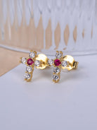 Kimolos-Mini Pink 925 Ayar Gümüş Gold Renk Pembe Zirkon Taşlı Haç Küpe-Küpe-4-Milagron.com