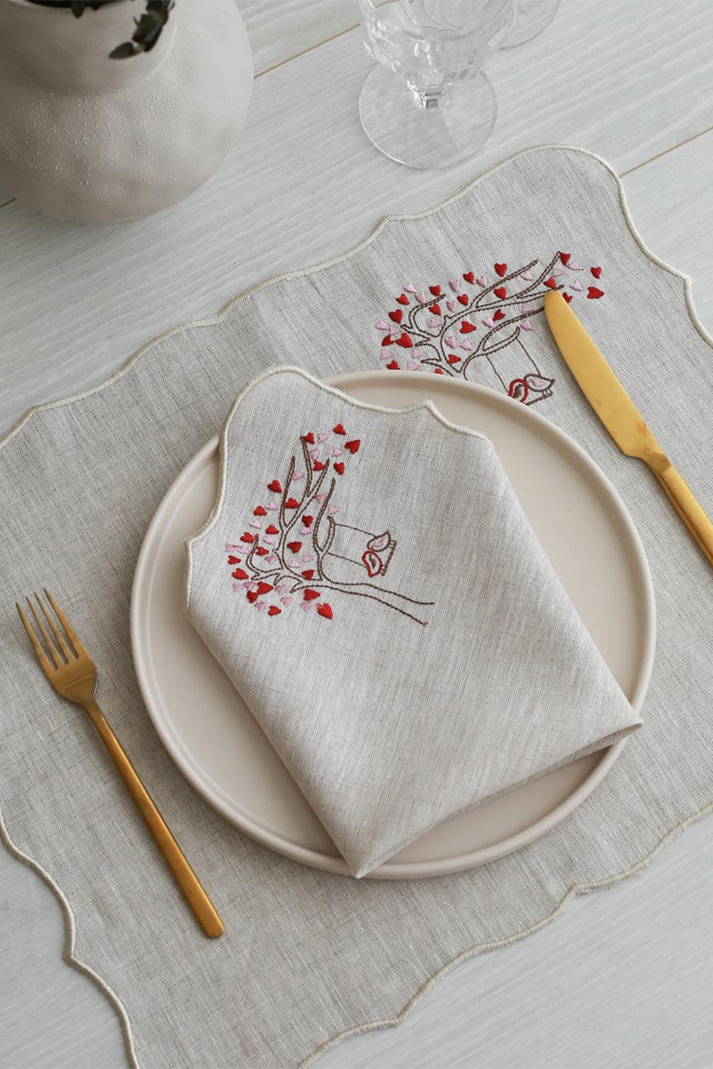 Km Home Collection-2'li Set Lovebirds İşlemeli Keten Peçete-Peçete-1-Milagron.com