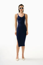 Kntlgy-Balenli Lacivert Nervürlü Midi Elbise-Elbise-2-Milagron.com