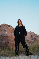 Koi People-%100 Keten Siyah Oversize Kimono%100 Keten Oversize, Tek Beden 30 Derecede Yıkanabilir Kurutmaya Atılmaz Kuşaklı-Kimono-2-Milagron.com