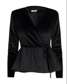 Valano Kruvaze Bağlamalı Peplum Kadife Ceket, Siyah - 0