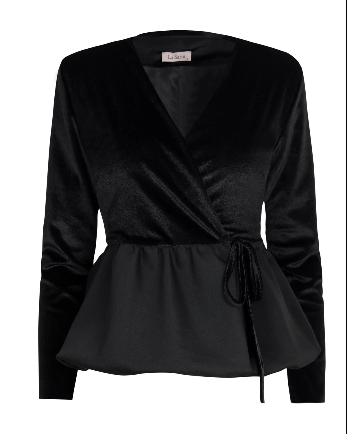Valano Kruvaze Bağlamalı Peplum Kadife Ceket, Siyah - 0