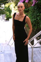 Lara Kare Yaka Siyah Maxi Elbise - 1