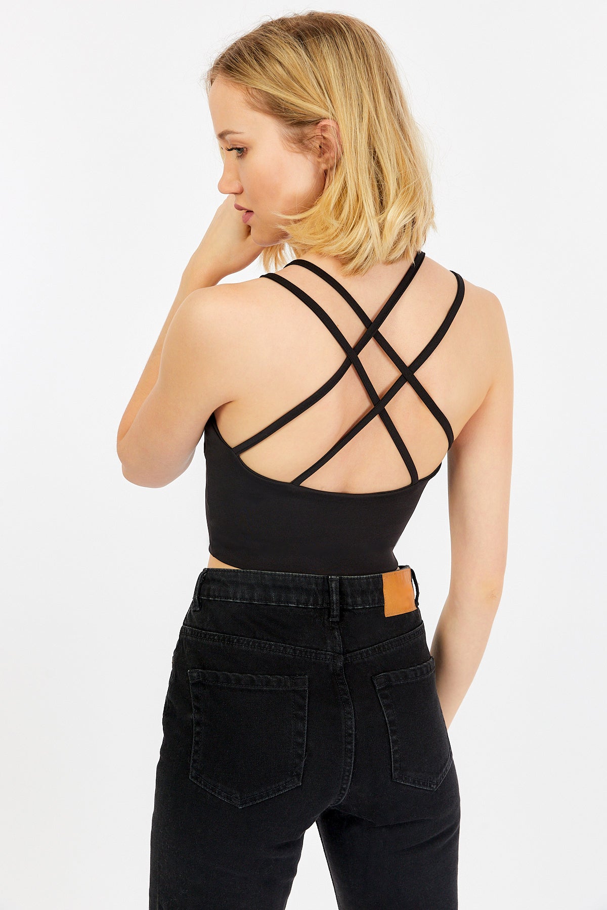 Asha Çapraz Sırt Detaylı Crop Top, Siyah - 3
