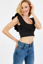 Juno Siyah Yakası Volanlı Crop Top