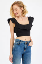 Juno Siyah Yakası Volanlı Crop Top