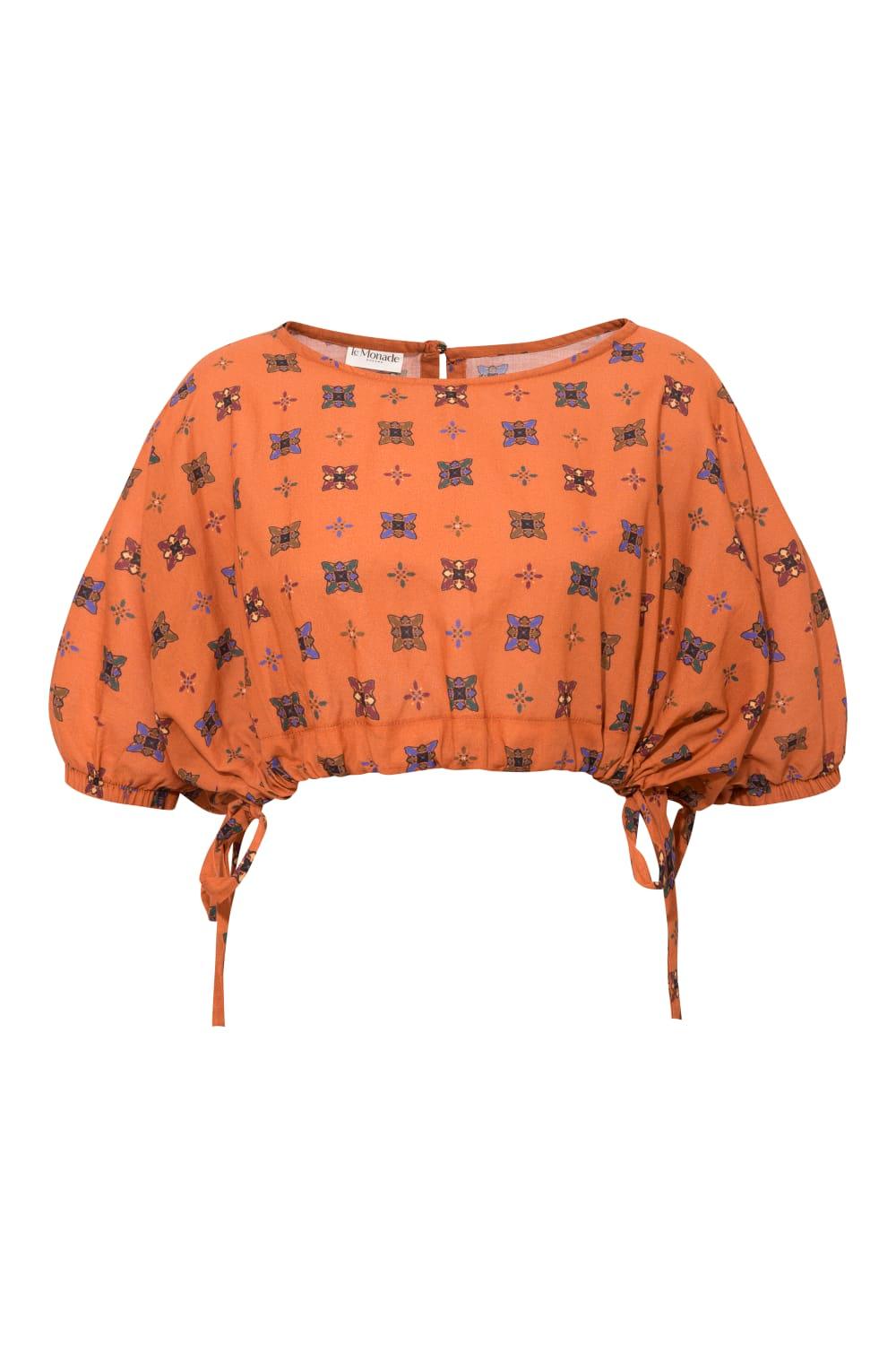 Le-Monade Dreams-Boyfriend Desenli Yandan Bağlamalı Kısa Bluz-Bluz-4-Milagron.com