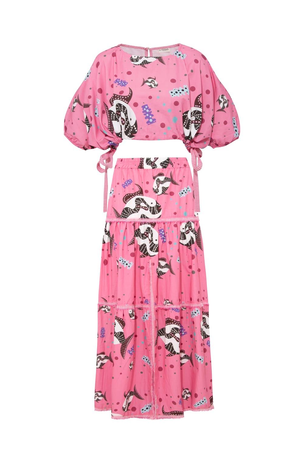 Le-Monade Dreams-SORUNLU - Pembe Balık Desenli Yandan Bağlamalı Kısa Bluz-Bluz-3-Milagron.com