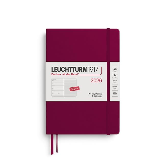 Leuchtturm 1917-Leuchtturm1917 Orta Boy (A5) 12 Aylık Ajanda Ve Not Defteri (çizgili) 2026 Sert Kapak, İngilizce, Port Red372653-Özel Defterler-1-Milagron.com