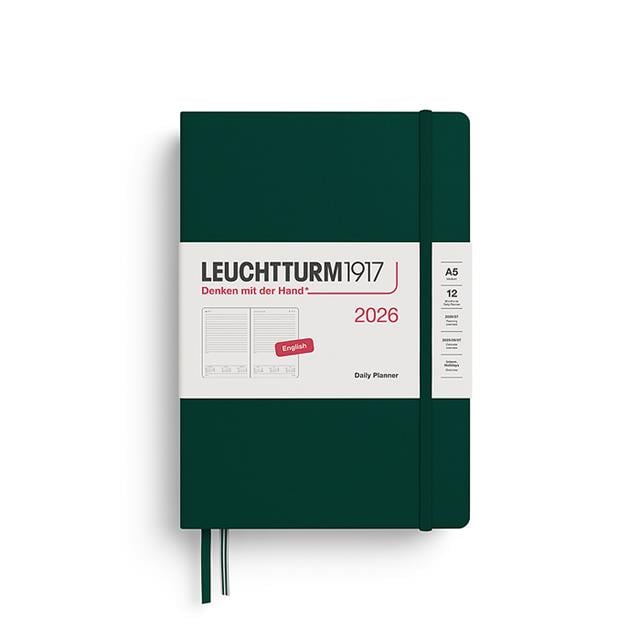 Leuchtturm 1917-Leuchtturm1917 Orta Boy (A5) 12 Aylık Günlük Ajanda (çizgili) 2026 Sert Kapak, İngilizce, Forest Green372776-Özel Defterler-1-Milagron.com