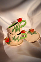 Lily & Loly Ceramics-Altın Detaylı Gül Çiçek Kulplu Yeşil Yaprak Çizimli 2'li Türk Kahvesi Seti- Gül Kulplu El Yapımı Seramik Fincanlar-Bardak-2-Milagron.com