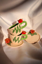 Lily & Loly Ceramics-Altın Detaylı Gül Çiçek Kulplu Yeşil Yaprak Çizimli 2'li Türk Kahvesi Seti- Gül Kulplu El Yapımı Seramik Fincanlar-Bardak-4-Milagron.com