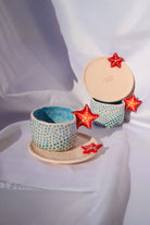 Lily & Loly Ceramics-Kırmızı Deniz Yıldızı Kulplu Mavi Puantiyeli El Yapımı Seramik Türk Kahvesi Fincan Seti - 2'li-Bardak-1-Milagron.com
