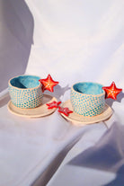 Lily & Loly Ceramics-Kırmızı Deniz Yıldızı Kulplu Mavi Puantiyeli El Yapımı Seramik Türk Kahvesi Fincan Seti - 2'li-Bardak-5-Milagron.com