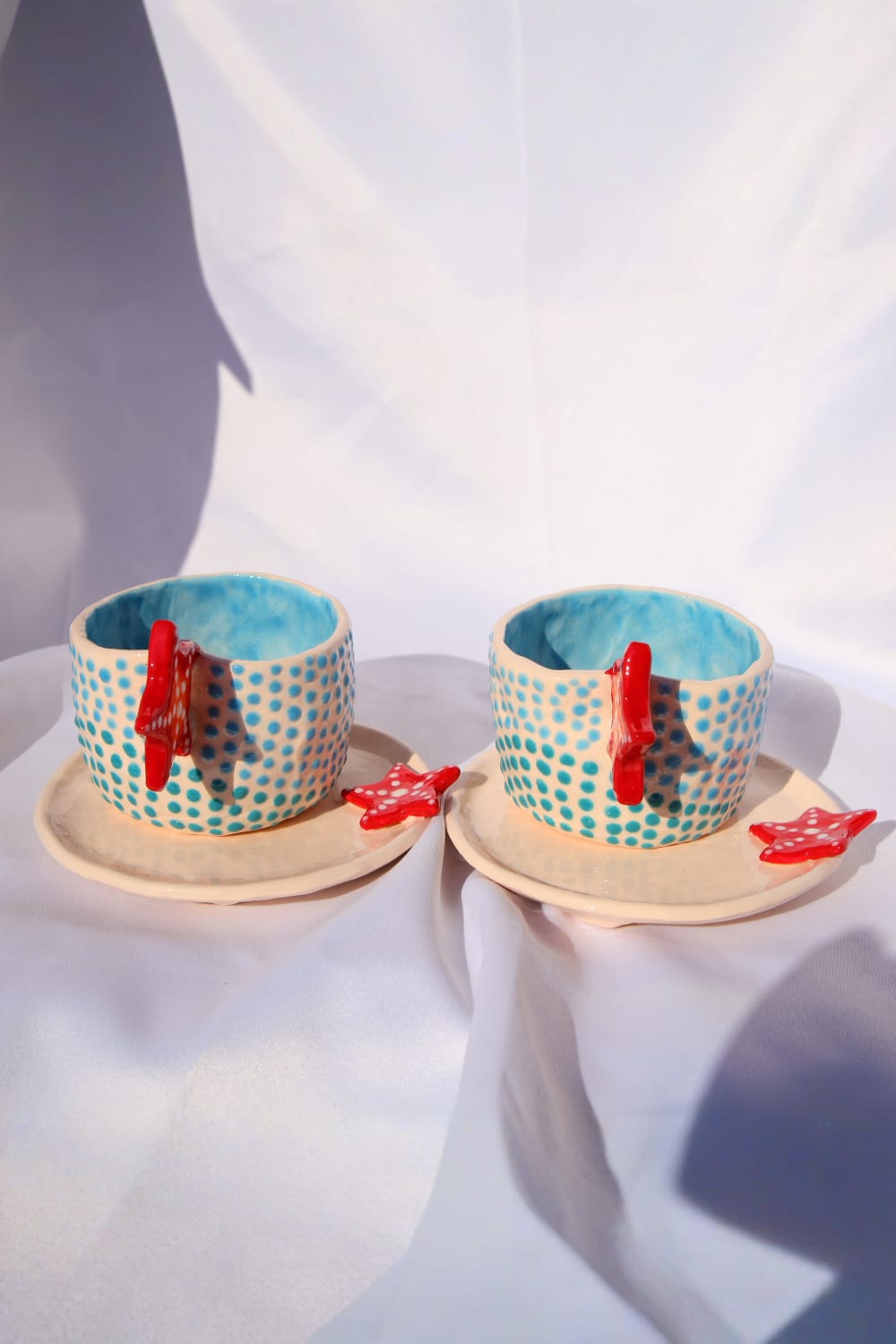 Lily & Loly Ceramics-Kırmızı Deniz Yıldızı Kulplu Mavi Puantiyeli El Yapımı Seramik Türk Kahvesi Fincan Seti - 2'li-Bardak-6-Milagron.com