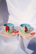 Lily & Loly Ceramics-Kırmızı Deniz Yıldızı Kulplu Mavi Puantiyeli El Yapımı Seramik Türk Kahvesi Fincan Seti - 2'li-Bardak-6-Milagron.com