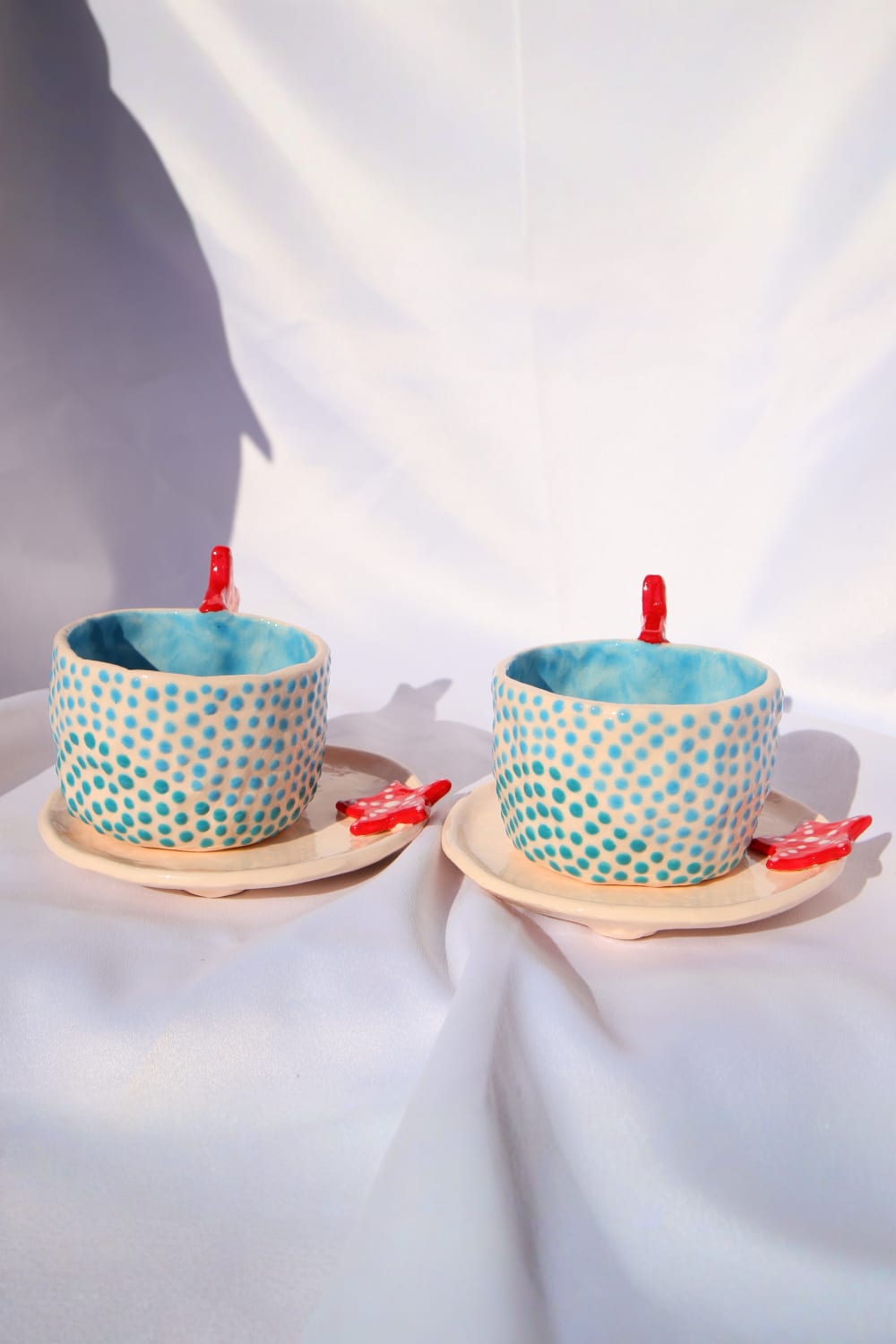 Lily & Loly Ceramics-Kırmızı Deniz Yıldızı Kulplu Mavi Puantiyeli El Yapımı Seramik Türk Kahvesi Fincan Seti - 2'li-Bardak-8-Milagron.com