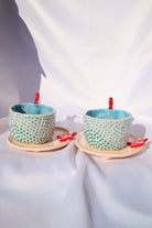Lily & Loly Ceramics-Kırmızı Deniz Yıldızı Kulplu Mavi Puantiyeli El Yapımı Seramik Türk Kahvesi Fincan Seti - 2'li-Bardak-8-Milagron.com