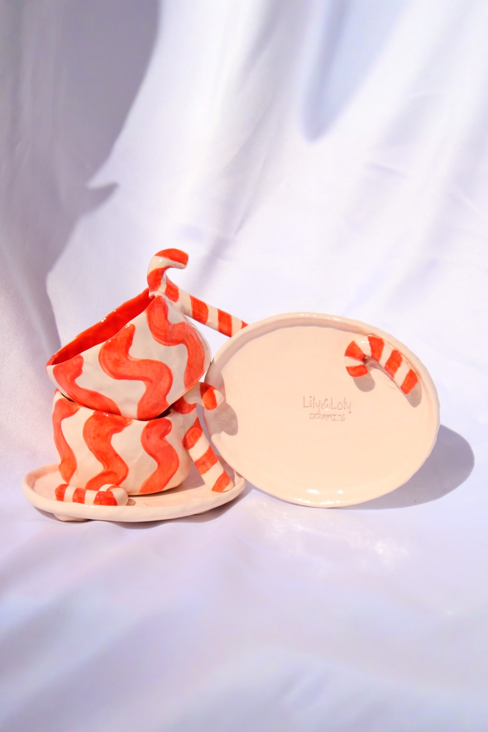 Lily & Loly Ceramics-Lolipop Şekerli 2'li El Yapımı Seramik Türk Kahvesi Fincan Seti -yılbaşı Temalı Tasarım Fincanlar-Bardak-1-Milagron.com