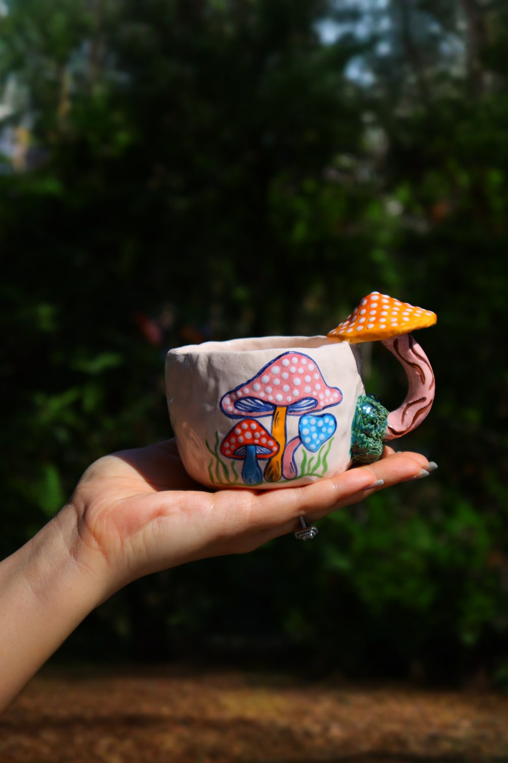 Lily & Loly Ceramics-Renkli Mantar Desenli, Mantarlı Kupa - Mantar Kulplu El Yapımı Seramik Mug 200 Ml-Bardak-9-Milagron.com