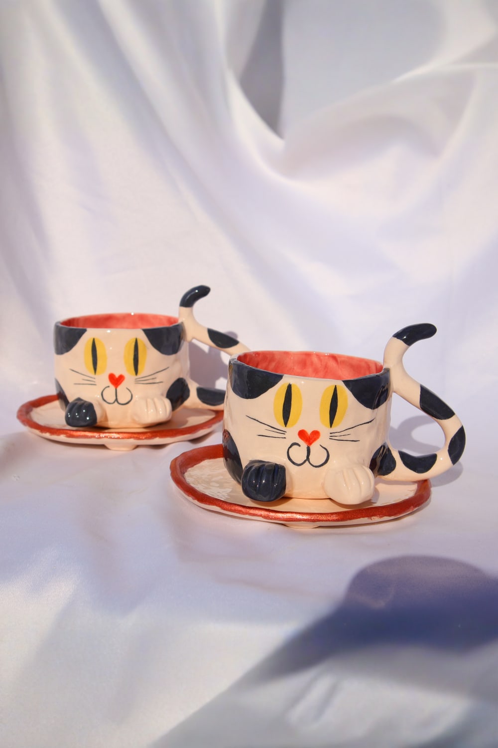 Lily & Loly Ceramics-Siyah Beyaz Renkli Kedi Desenli Kedili Türk Kahvesi Seti - El Yapımı Seramik Fincan Seti (2 Li)-Bardak-1-Milagron.com