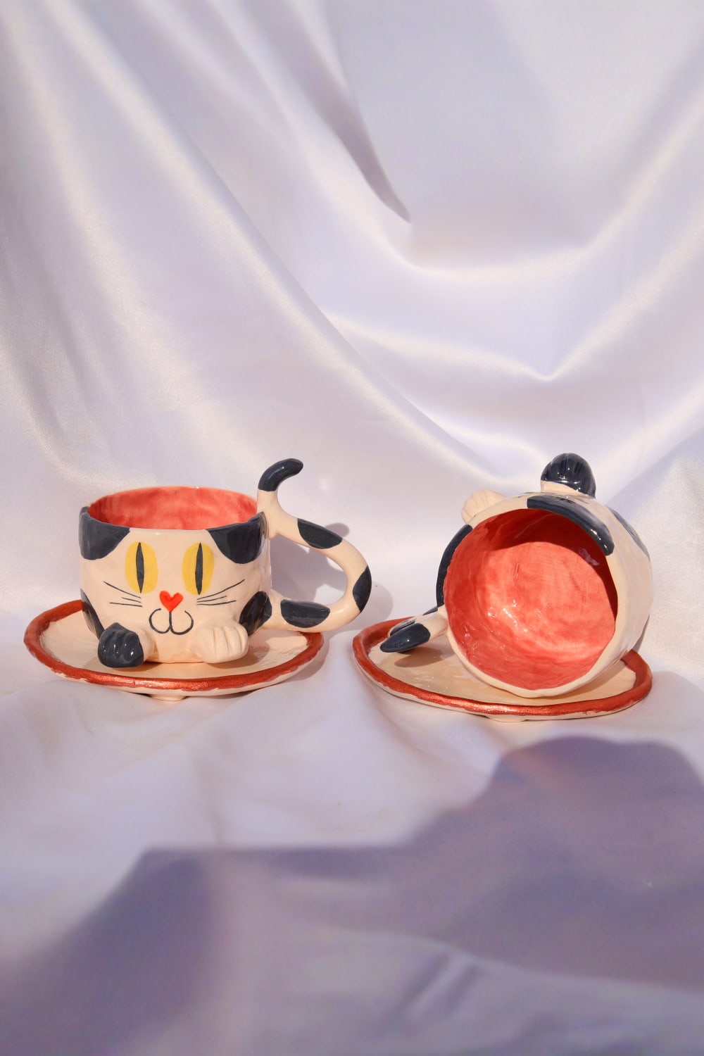 Lily & Loly Ceramics-Siyah Beyaz Renkli Kedi Desenli Kedili Türk Kahvesi Seti - El Yapımı Seramik Fincan Seti (2 Li)-Bardak-3-Milagron.com
