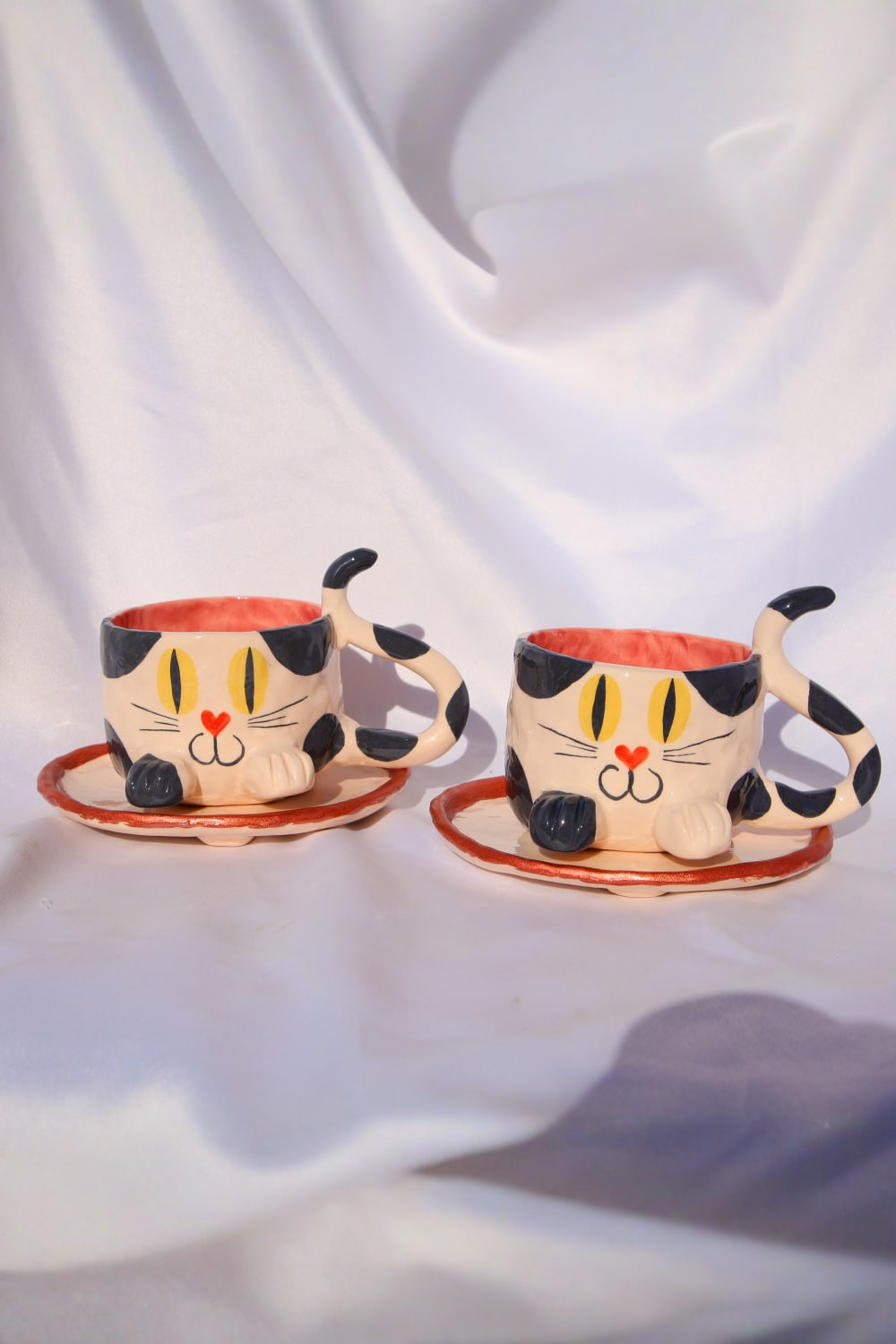 Lily & Loly Ceramics-Siyah Beyaz Renkli Kedi Desenli Kedili Türk Kahvesi Seti - El Yapımı Seramik Fincan Seti (2 Li)-Bardak-6-Milagron.com